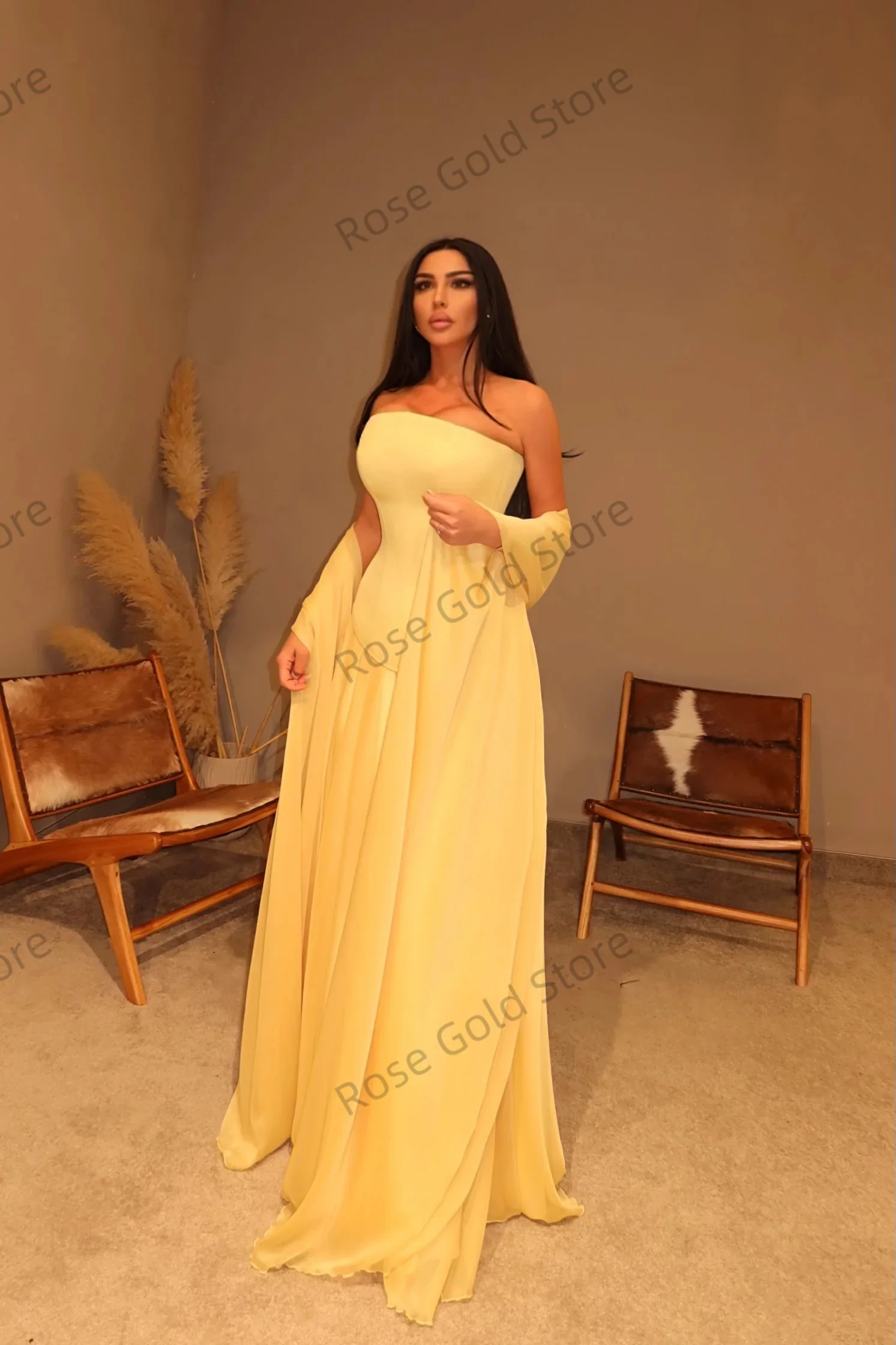 Simple Yellow Evening Dresses for Women A Line Chiffon Arabic Vestido de Noche Long Brithday Party Wear Customized Prom Gowns