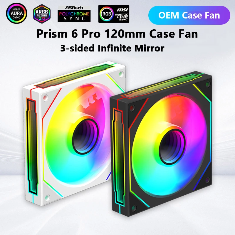 Power Train  Prism 6 Pro ARGB PC Case Fan 120mm 3-sided Infinite Mirror 5V 3PIN Motherboard Lighting Sync 4PIN PWM