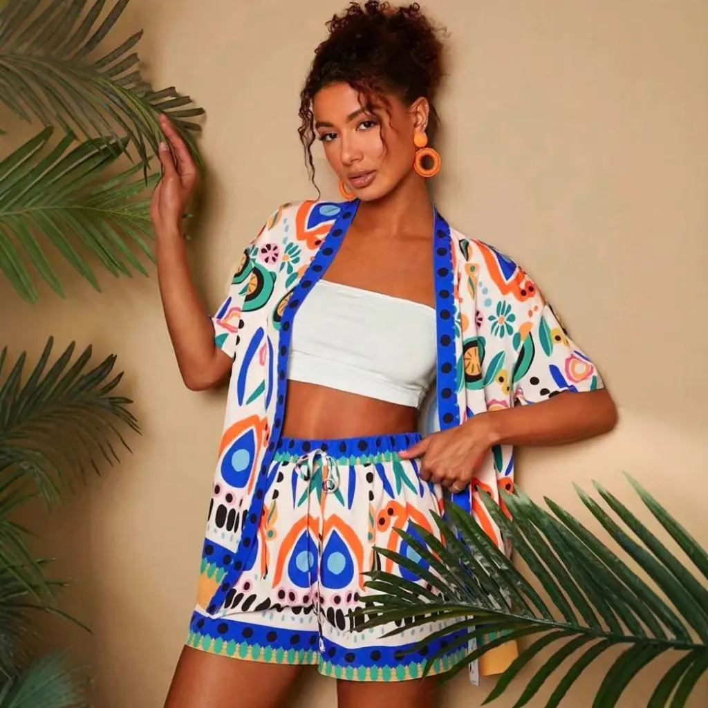 

European And American Fashion Two-Piece Set Tropical Print Short-Sleeve Top And New Shorts Women's Clothing