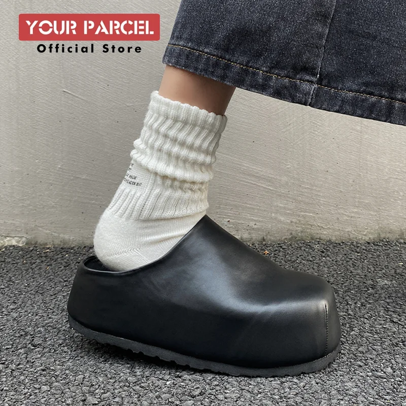 Black Boken leather shoes for men's thick soled design slippers summer new big toe mules shoes outdoor