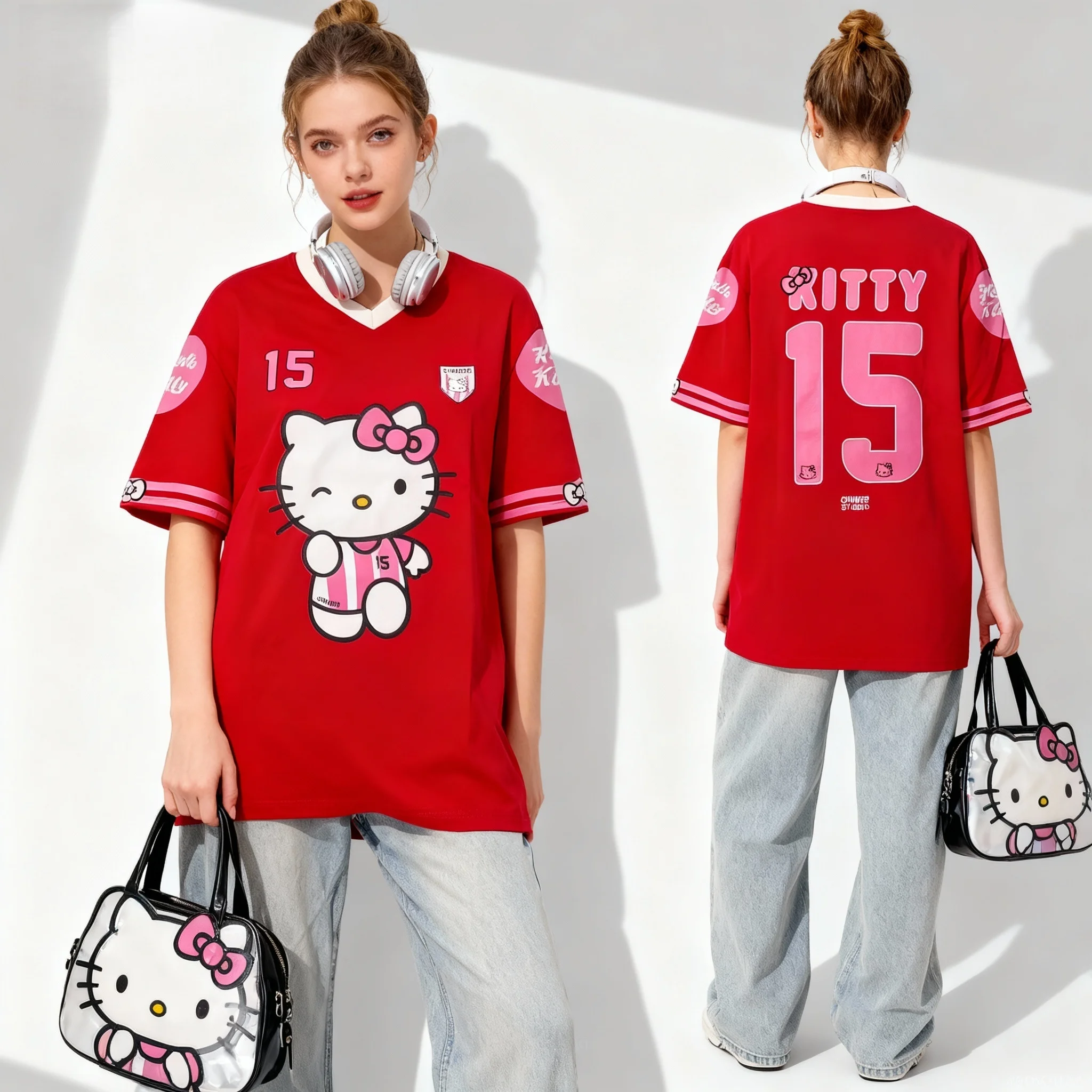 جديد سانريو الأسرة مرحبا كيتي كبير الأذن الكلب قميص الحلو وبارد الشارع الأمريكي الصيف تي شيرت المتضخم المرأة الكبار الأعلى #3