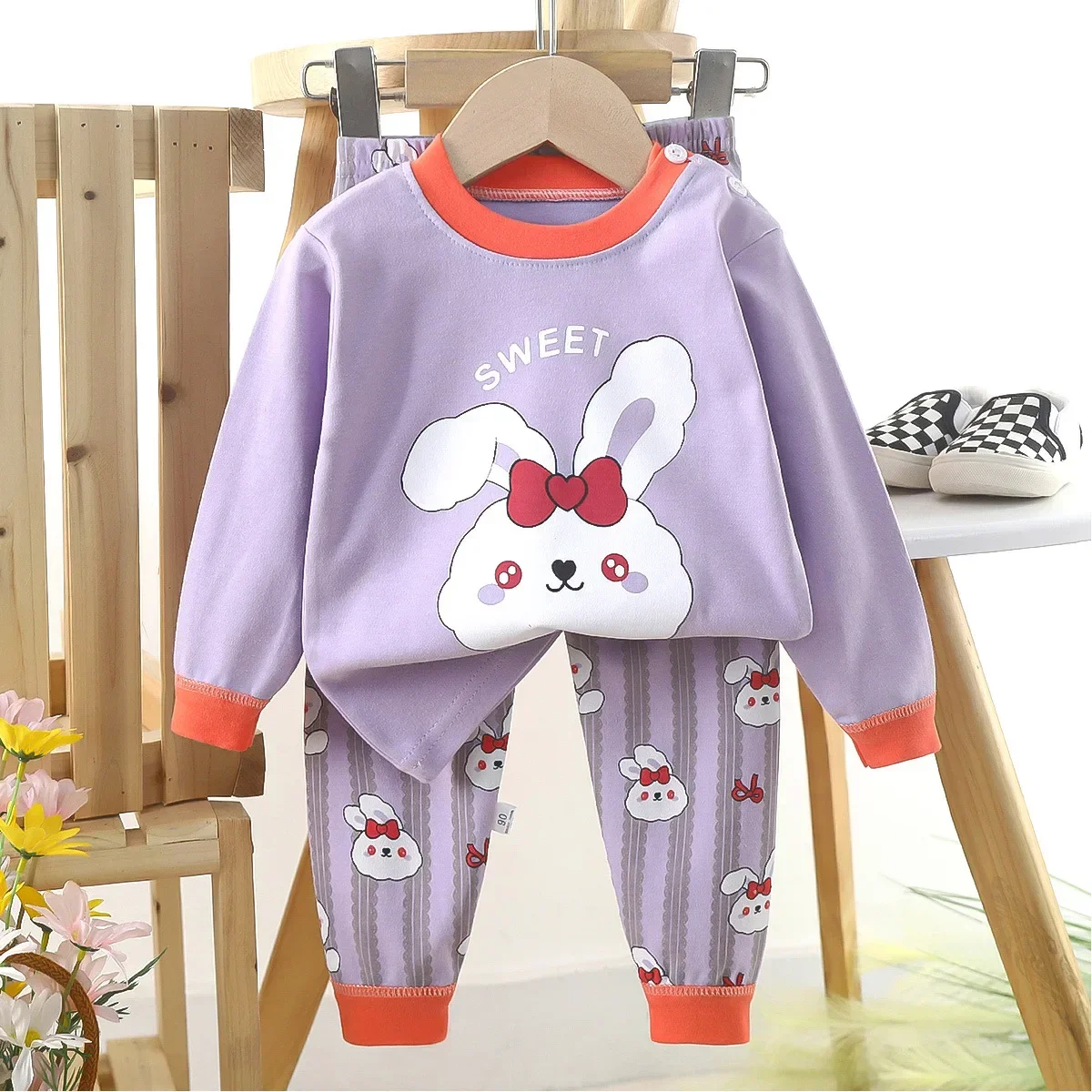New 2025 Kids Girls Casual Warm Pajamas Cute Cartoon Rabbit Long Sleeve T-Shirt Tops + Pants Baby Autumn Sleepwear Clothing Sets