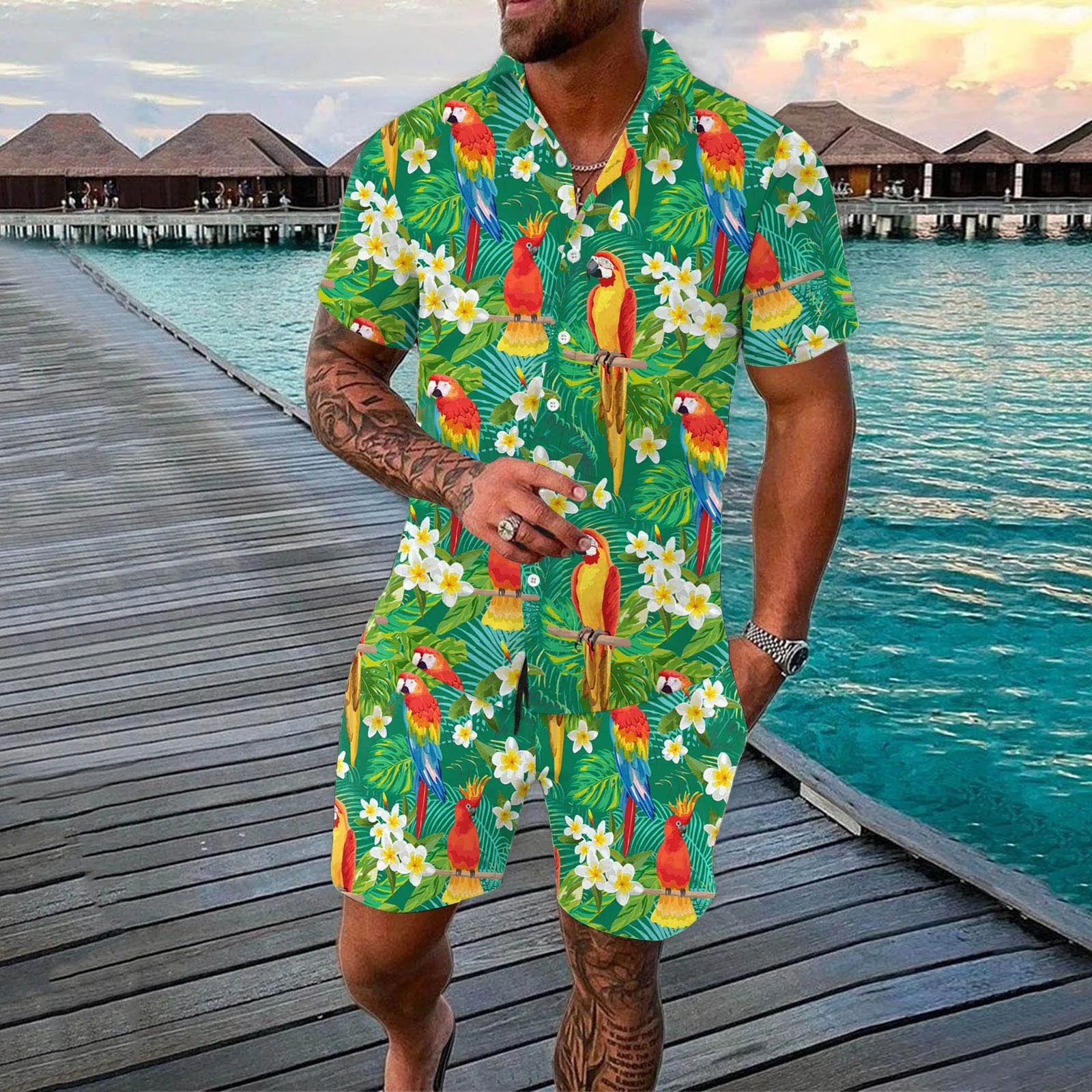 Animalier Parrot Print Button Shirt Hawaii Shorts Set of Two Pieces Men\'s Clothing Coordinated Set holiday Club Party Beachwear