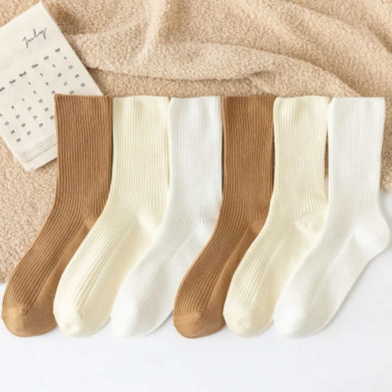 

6pcs Double-needle Coffee-colored Mid-calf Socks for Men and Women, Cotton Socks in A Breathable and Sweat-absorbent Design.