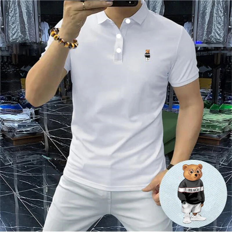 Summer Men\'s POLO Cute Cartoon Bear Pattern Shirts 2024 New Street Fashion Casual Style Short-sleeve polo Male Top Clothes