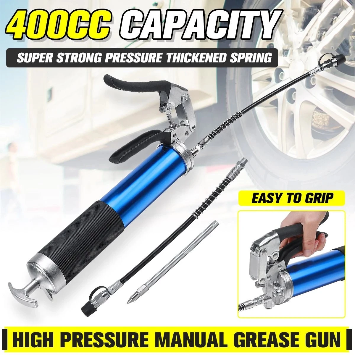 6000PSI Grease Gun 400CC Heavy Duty Manual Grease Gun Pistol Grip Handle For Car Flexi Rigid Industrial Marine Farming