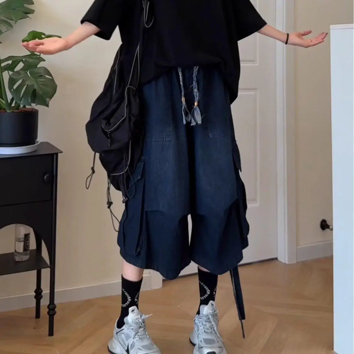 New Straight Streamer Design Casual Overalls Summer New Men's Pleated Denim Cropped Pants