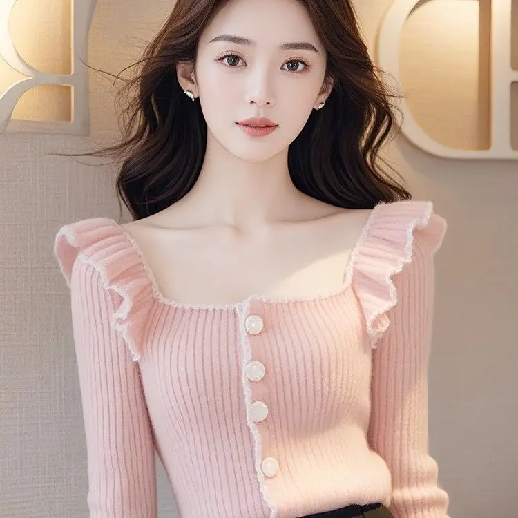 Autumn Winter Unique and Chic Square Neck Pink Sweater Knitted Sweater Women's Design Super Beautiful Stunning Long Sleeved Top