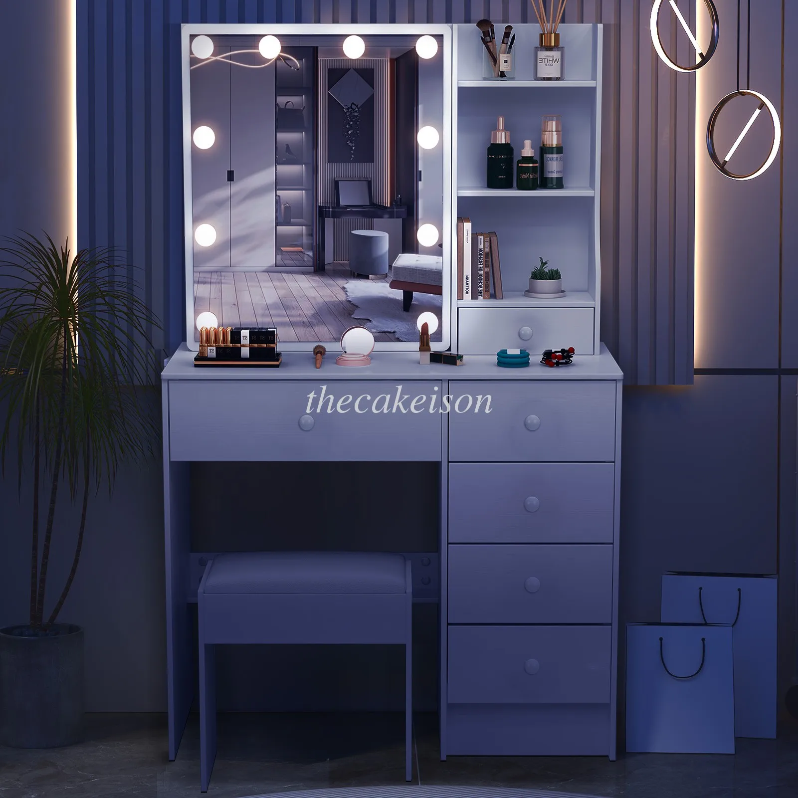 Tocador de maquillaje Escritorio de tocador de maquillaje iluminado LED con 6 cajones y taburete para clientes de EE. UU.