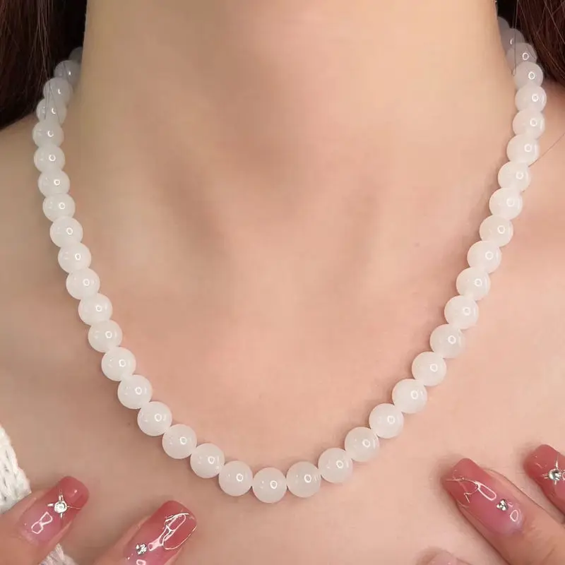 Hetian , Mutton Fat Pendant, White Jade Necklace Women, , Round Bead Sweater Chain