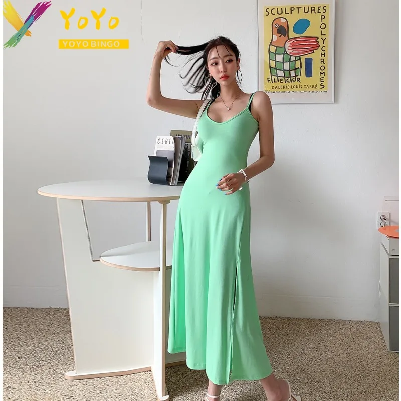 Fashionable and Sexy Green Paghetti StrapV Collar Split A-line Dress 2024 Summer Elegant Slim Bodycon Chic Party Ankle Dress