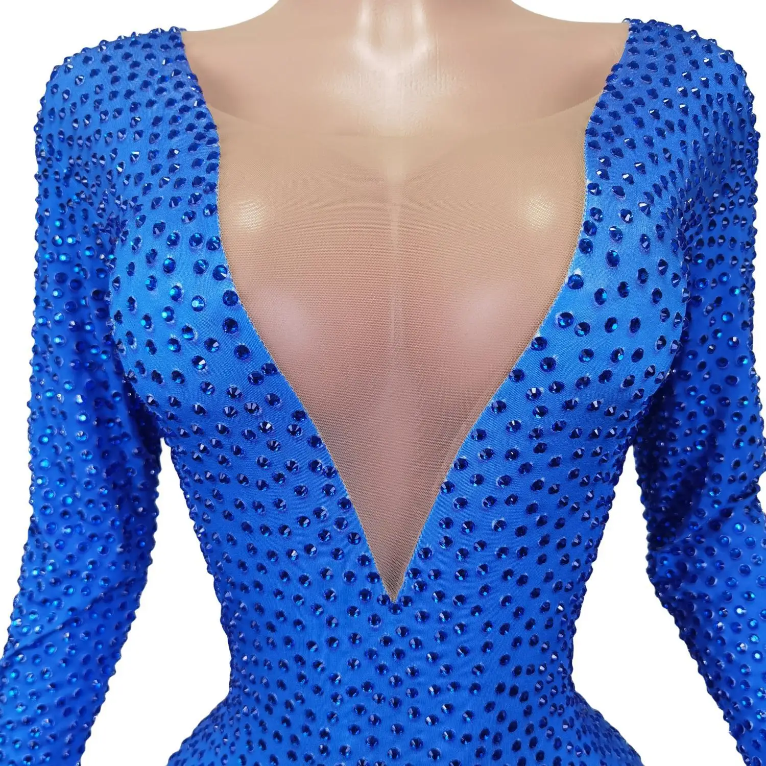 Sparkly Blue Rhinestones Jumpsuit Women One Piece Stretch Bodysuit Nightclub Party Outfit Dancer Performance Costume Lanyekong