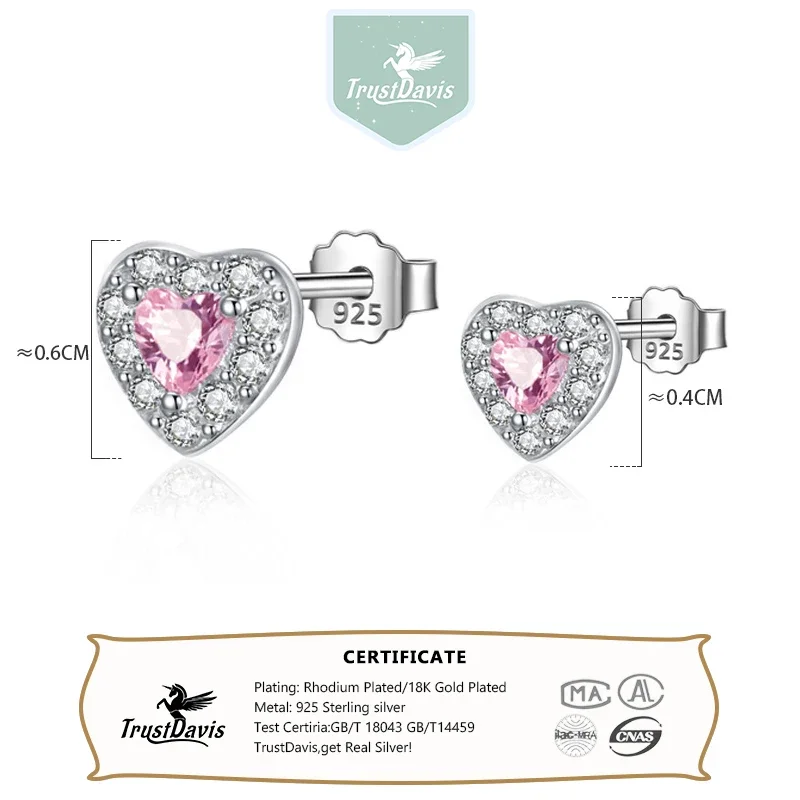 TrustDavis 925 Sterling Silver Cute Pink Love Heart CZ Stud Earrings Gift for Lady Daugther Girls Fine Jewelry Wholesale DS3828