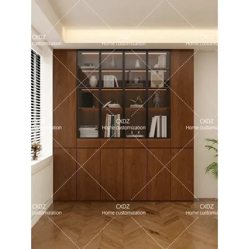 ENF Grade Solid Wood Wall Unit Bookshelf with Glass Display Cabinet Integrated Locker for Living Room Medieval Style Storage