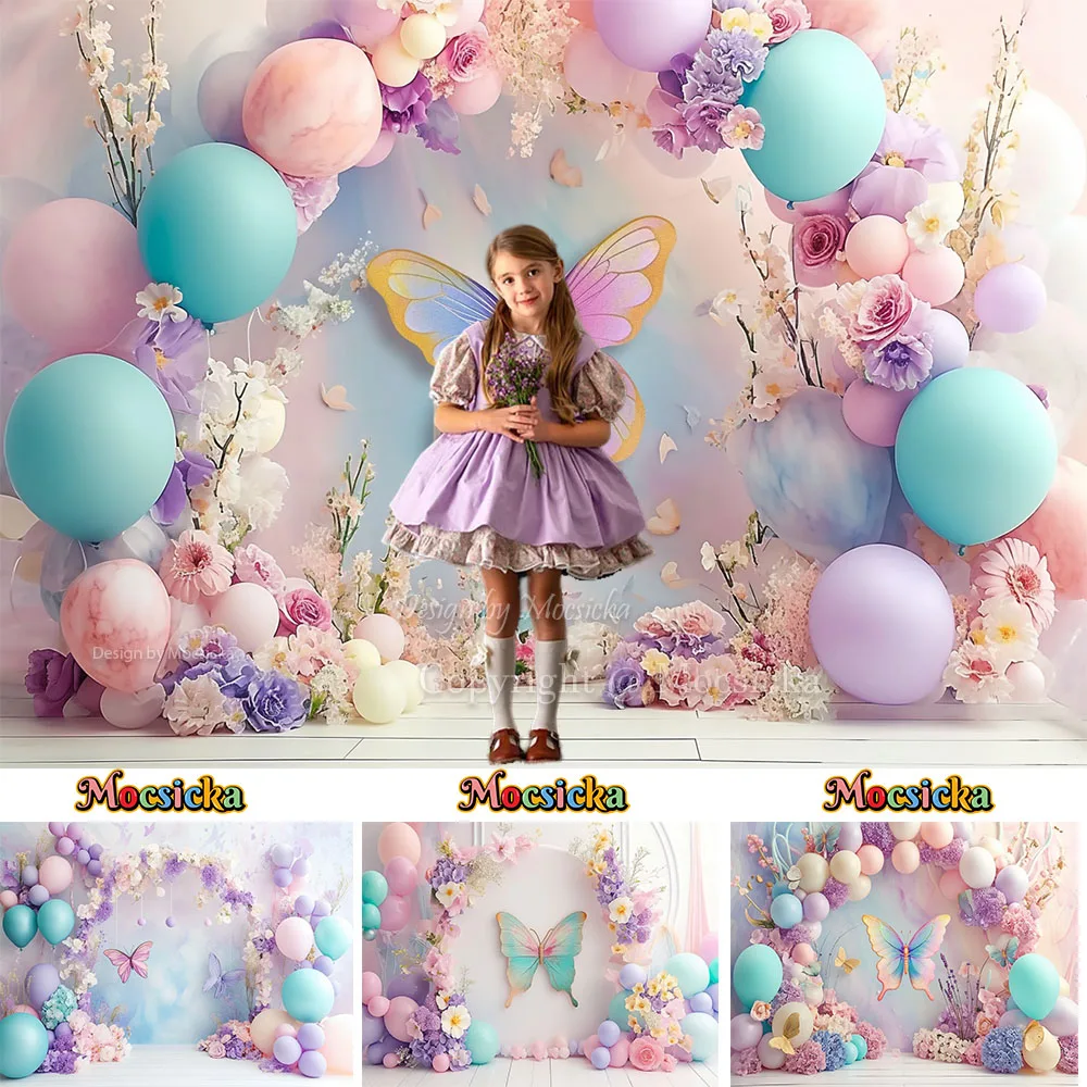 

Mocsicka Butterfly Girl Birthday Cake Smash Photography Background Pink Arch Balloon Wall Floral Backdrop Kids Photozone Studio