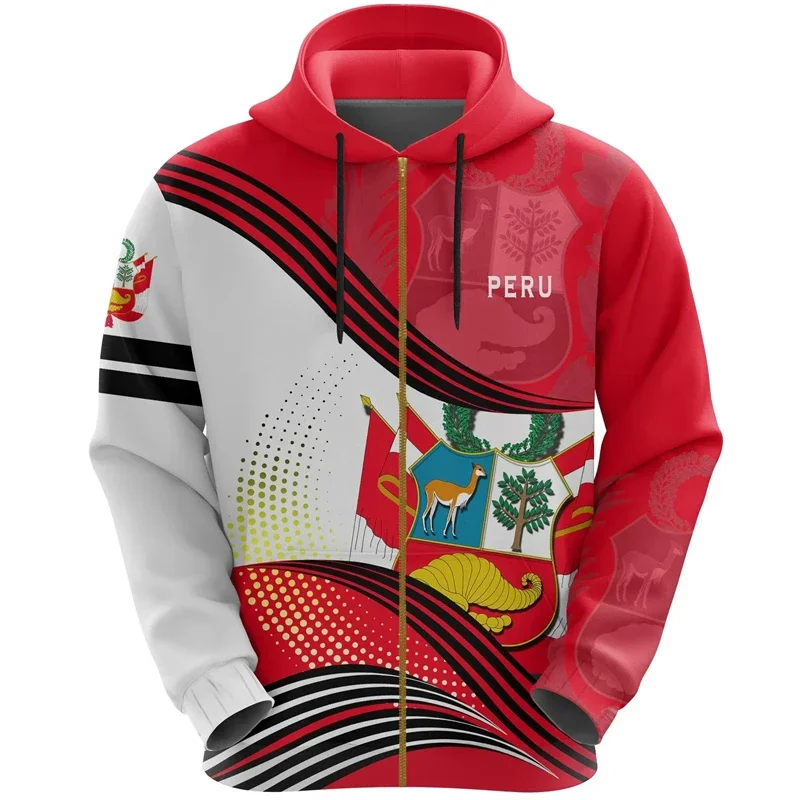 Zipper Hoodie Men Peru Flag Map Graphic Sweatshirts Peruvian National Emblem Clothes Casual Oversize Loose Man Hoodies Pullovers