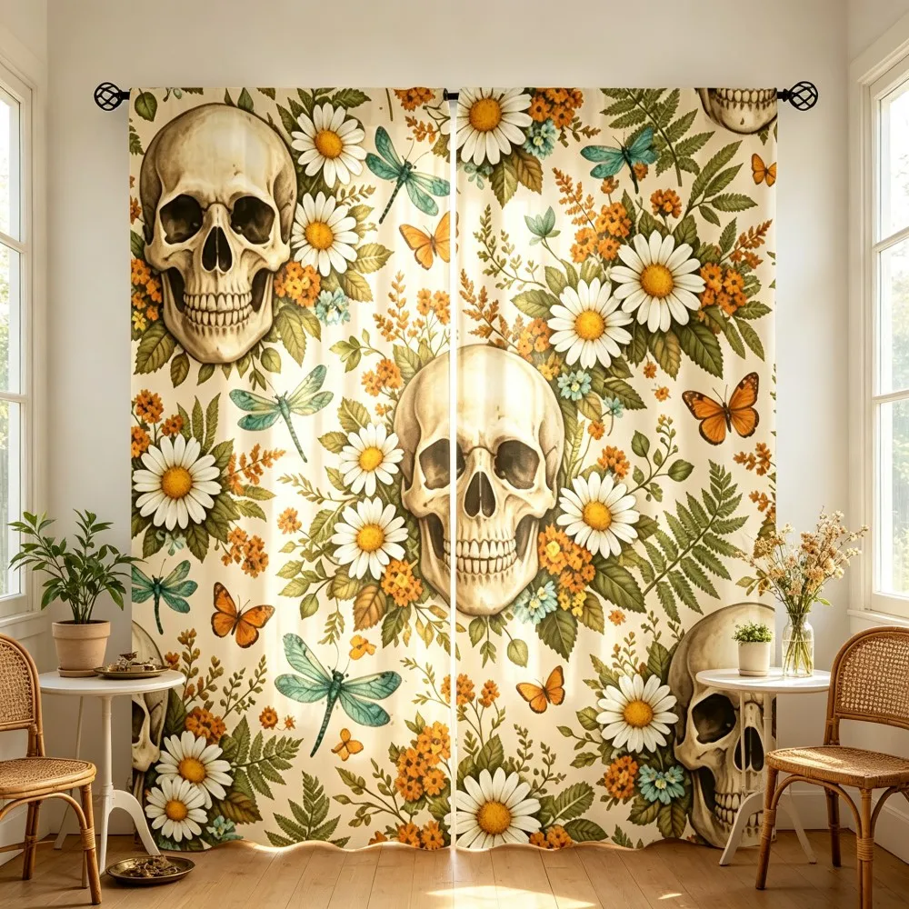 2PCS Halloween Fall Skull Daisy Print Curtains, Bedroom Living Room Window Drapes, Rod Pocket Polyester, Home Decoration