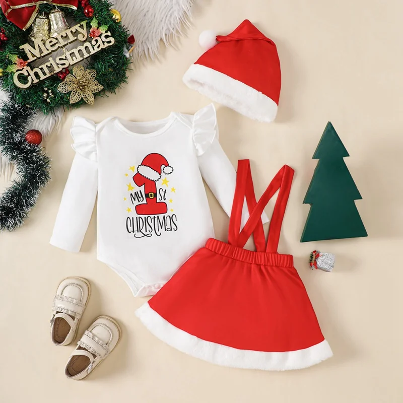 

Baby Girl Christmas Clothes Set Letter Print Romper+Strap Dress+Santa Hat Infant Photograph Wear Xmas Outfits My First Christmas
