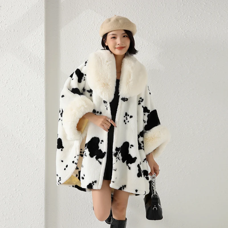 2024 Women Circle Faux Rabbit Fur Neck Winter Cape Thick Warm Leopard Printed Cloak Batwing Sleeves Loose Streetwear Overcoat