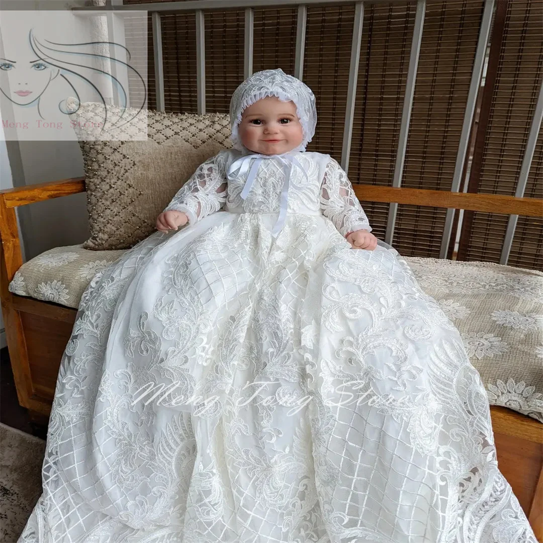 Elegante vestido de renda para bebê, manga comprida, vestido de primeira comunhão para criança, vestido de batismo infantil