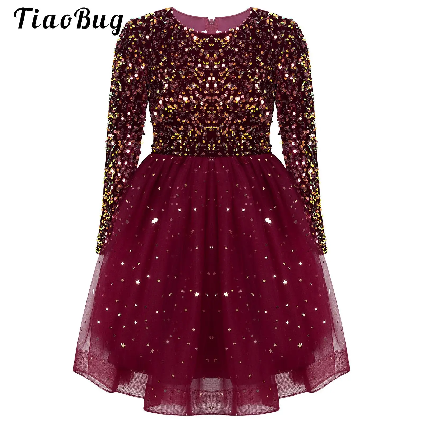 

Toddler Girl Party Dress Autumn Winter Sequin Children Christmas New Year Princess Dress Red Velvet Gown Stars Mesh Dresses