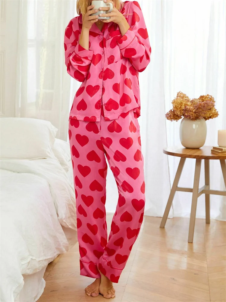 CHRONSTYLE Valentine’s Day Women 2 Pieces Pajama Set Casual Long Sleeve Heart Print Shirt Tops and Long Pants Outfits Loungewear