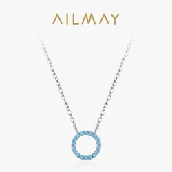 Ailmay New Fashion 925 Sterling Silver Round Turquoise Pendants Necklaces Women Fine Wedding Party Engagement Gift