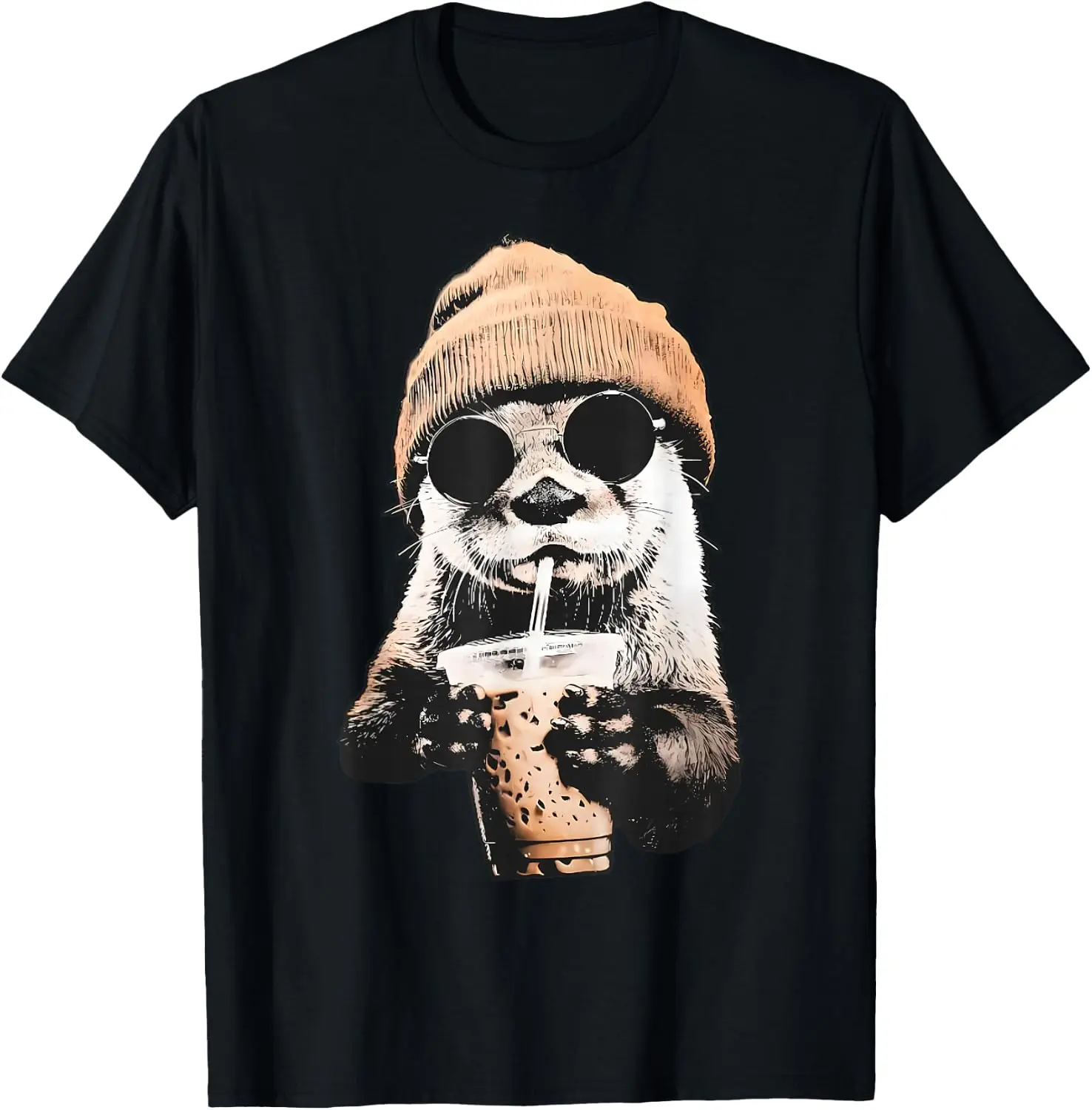 Hipster Wearing Beanie Drinking Iced Coffee Sea Otter T-Shirt Men Women Unisex Novelty Graphic T‑Shirt, Classic Crew Neck 100% Cotton Tee, Lightweight Anti‑Pilling Breathable Casual Tops, Year‑Round Daily Outfit, Holiday Birthday Present Tee