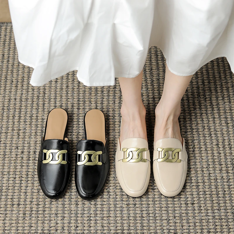 

Genuine leather shoes women mules slipper Cover Toe Elegant Slippers summer Simple Casual Loafers