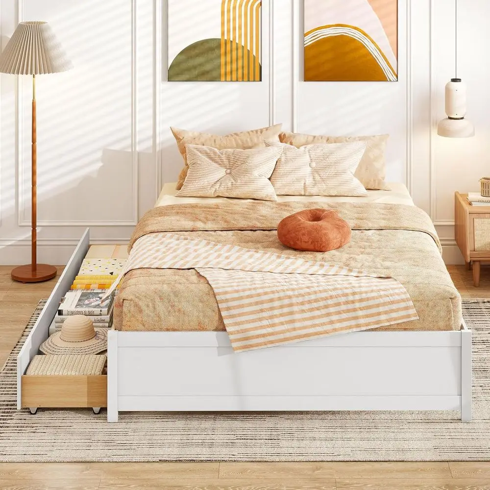 White Queen Size Solid Wood Platform Bed with 2 Storage Drawers and Slats Support, Heavy Duty Daybed for Teens and Adults, No Bo - view 3