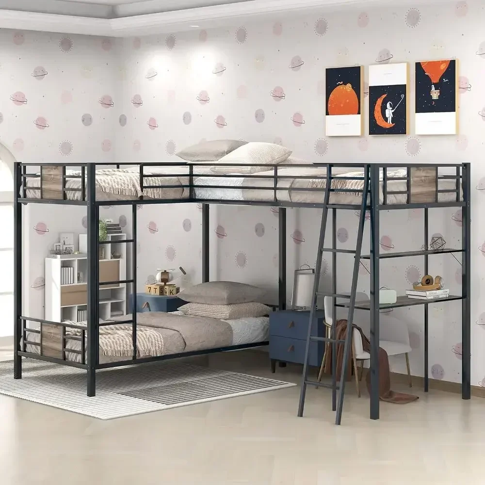 L-Shaped Metal Twin Over Twin Bunk Bed with Desk and Storage Shelf