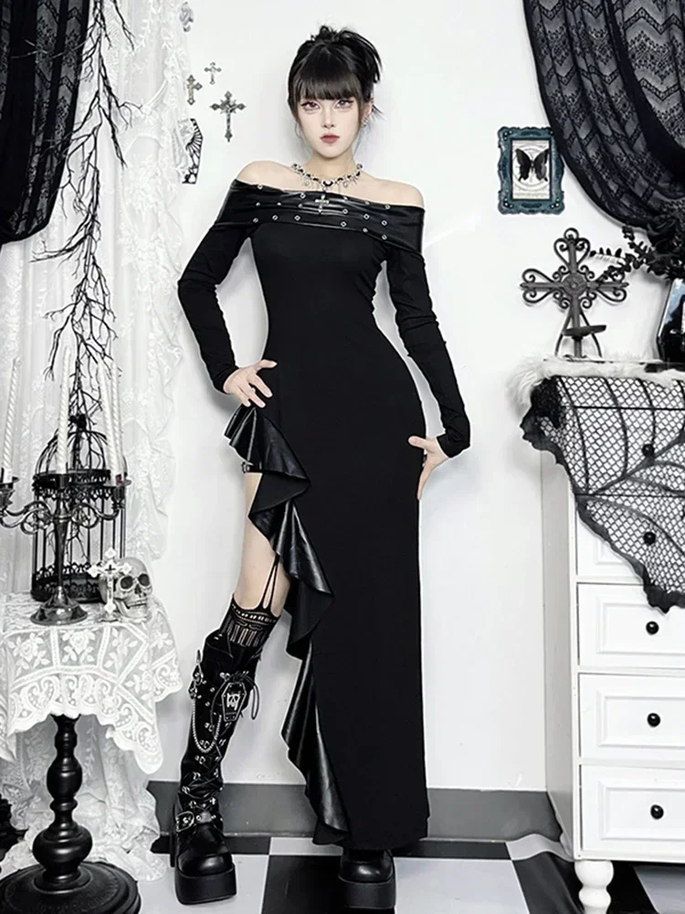 2025 nuevo Retro Cyber Punk gótico vestido Midi mujeres Vintage ropa informal oscura Y2K Grunge Pu Patchwork fuera del hombro vestidos de fiesta