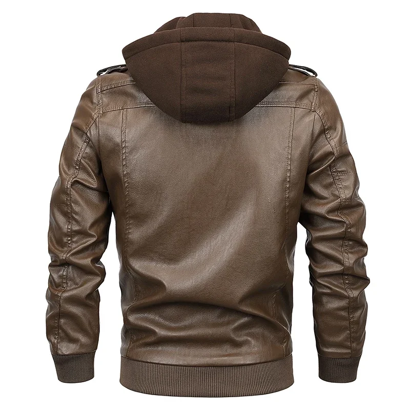 New Men Hooded Leather Jacket Double Zipper Windproof Warm Jacket Men's Fashion Motorcycle Biker LeatherJacket High Quality