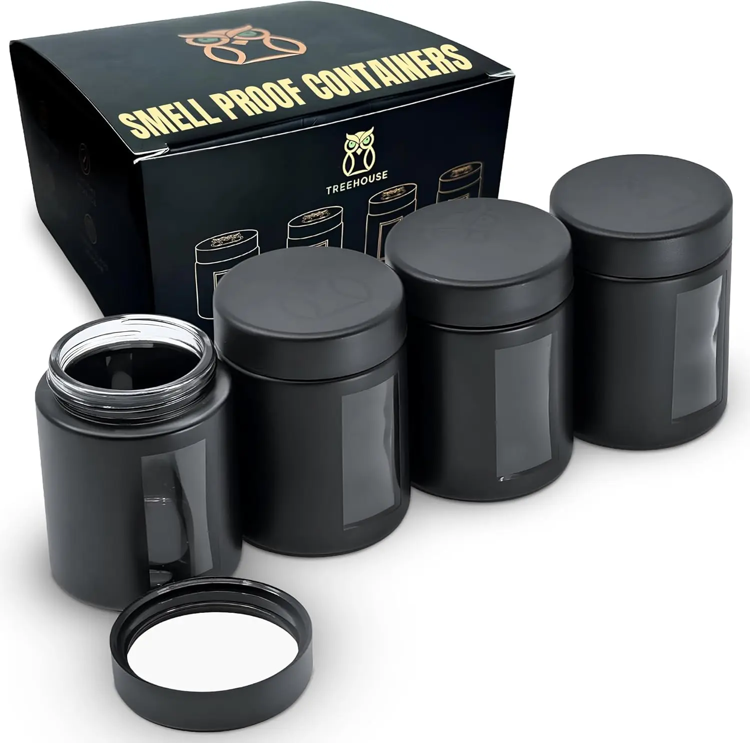 

Treehouse Smell Proof Containers (120mL), Jars with Airtight Lids for Herbs, Spices, Coffee and Tea, Air Tight Glass Storage Jars with UV Protection Glass, (Set of 4) (Matte Black)