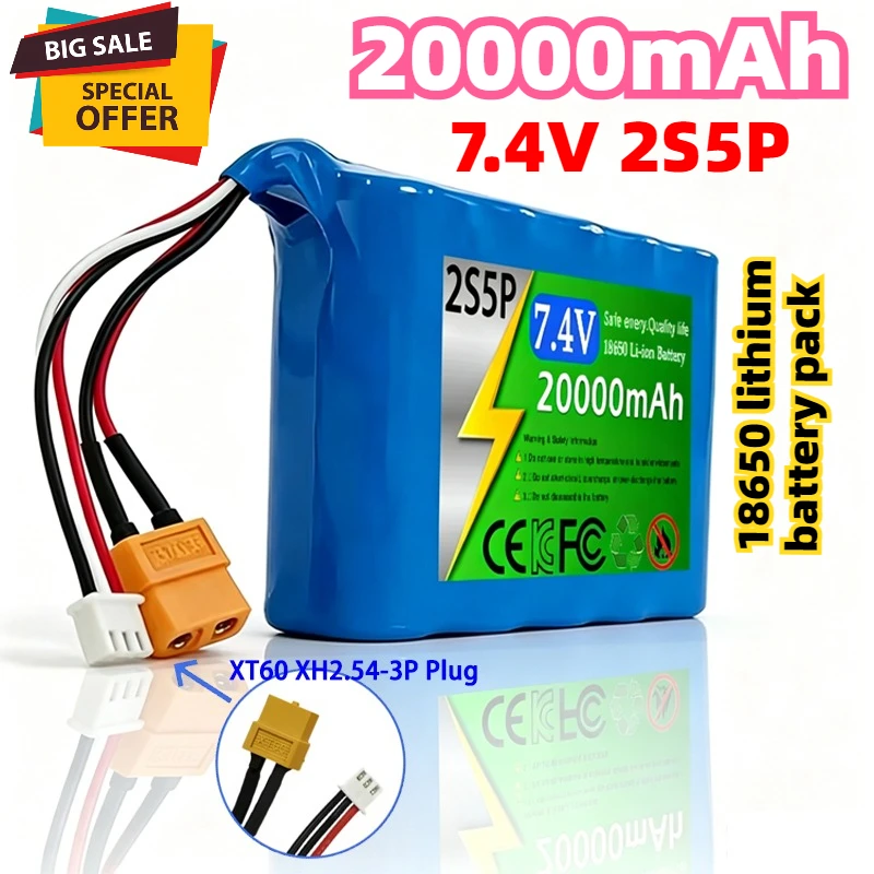 

New 2S5P 7.4V 20Ah 18650 lithium battery pack 20000mAh high current high power battery built-in BMS drone model electric toy
