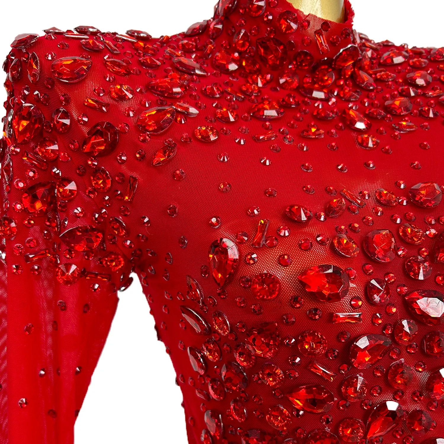 Sparkly Red Strass Langes Kleid Sexy Mesh Frauen Feiern Abend Abendkleid Geburtstag Kleid Sänger Zeigen Bühne Tragen Cuixing