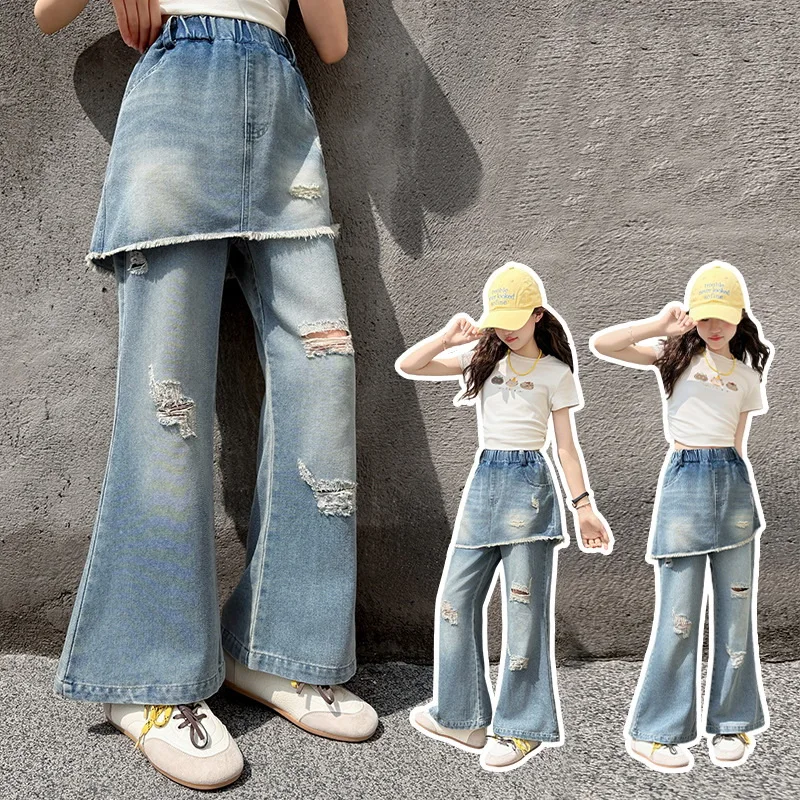 Spring Girls Jeans with Hole Summer 2026 Style Children's Denim Skirt Pants Fake Two-Piece Ripped Look Trousers for Kids