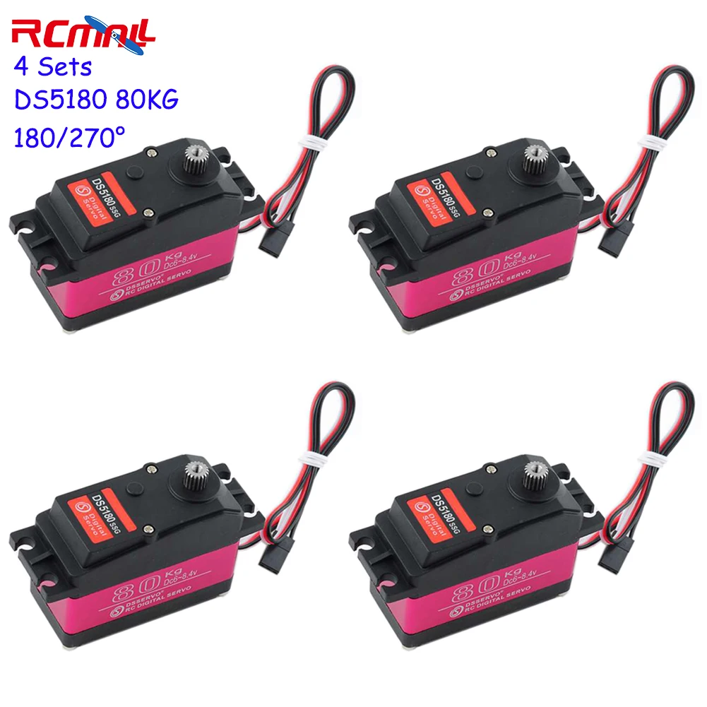 

RCmall 4 Sets 80KG 7.4V DS5180 Digital Metal Robotic Servo 180/270 Degree Waterproof IP66 with 25T Servo Arm Servo Motor