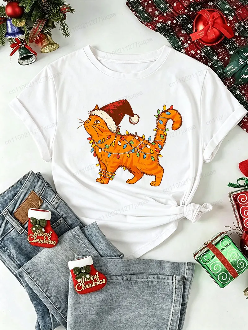 Christmas Cat Graphic T‑Shirt Orange Cat with Santa Hat Xmas T-Shirts Women Men Short Sleeve Tee Xmas Holiday Tops Gifts