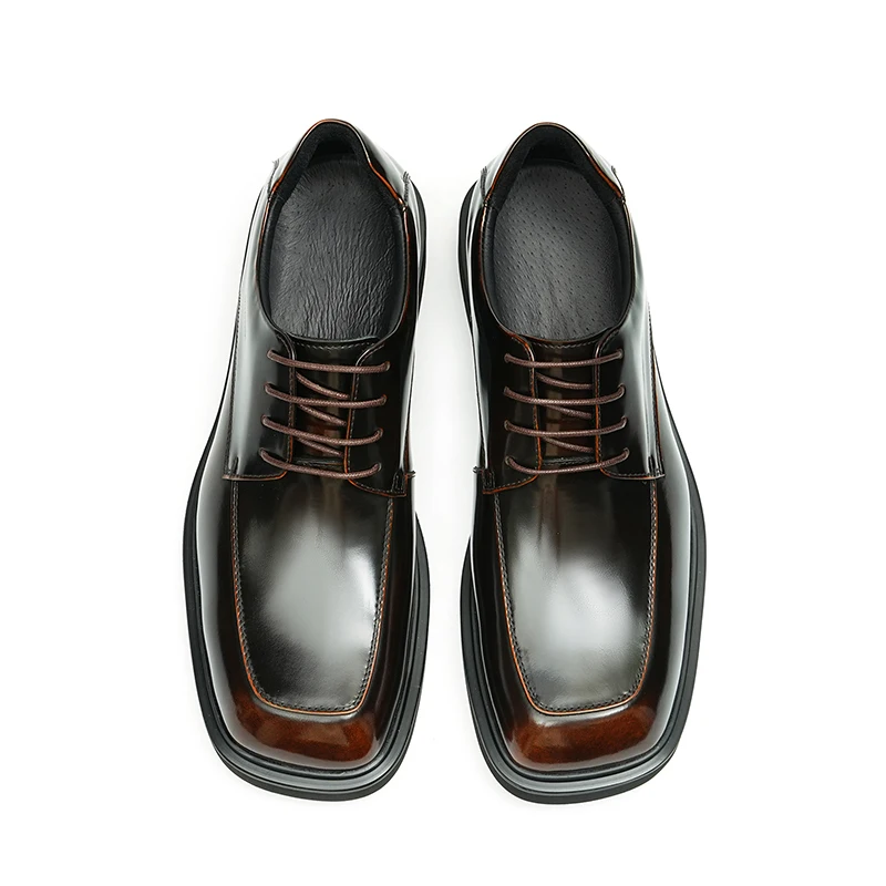 Men's Square Toe Glossy Derby Shoes, Thick Platform Sole Lace Up Business Dress Shoes, Elevated Patent Leather Formal Groom Shoe