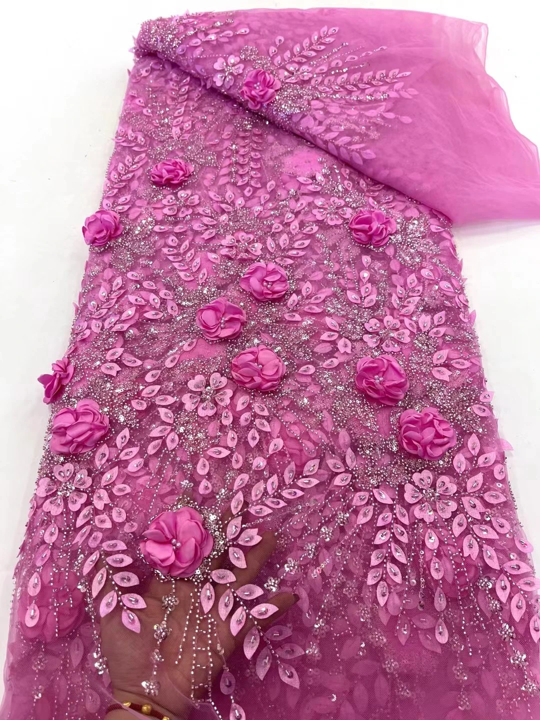 

2024 The Latest Luxurious And Beautiful Ten Colors Sequins Beads French Nigerian Tulle Flower For 5yards Wedding Party Dresses