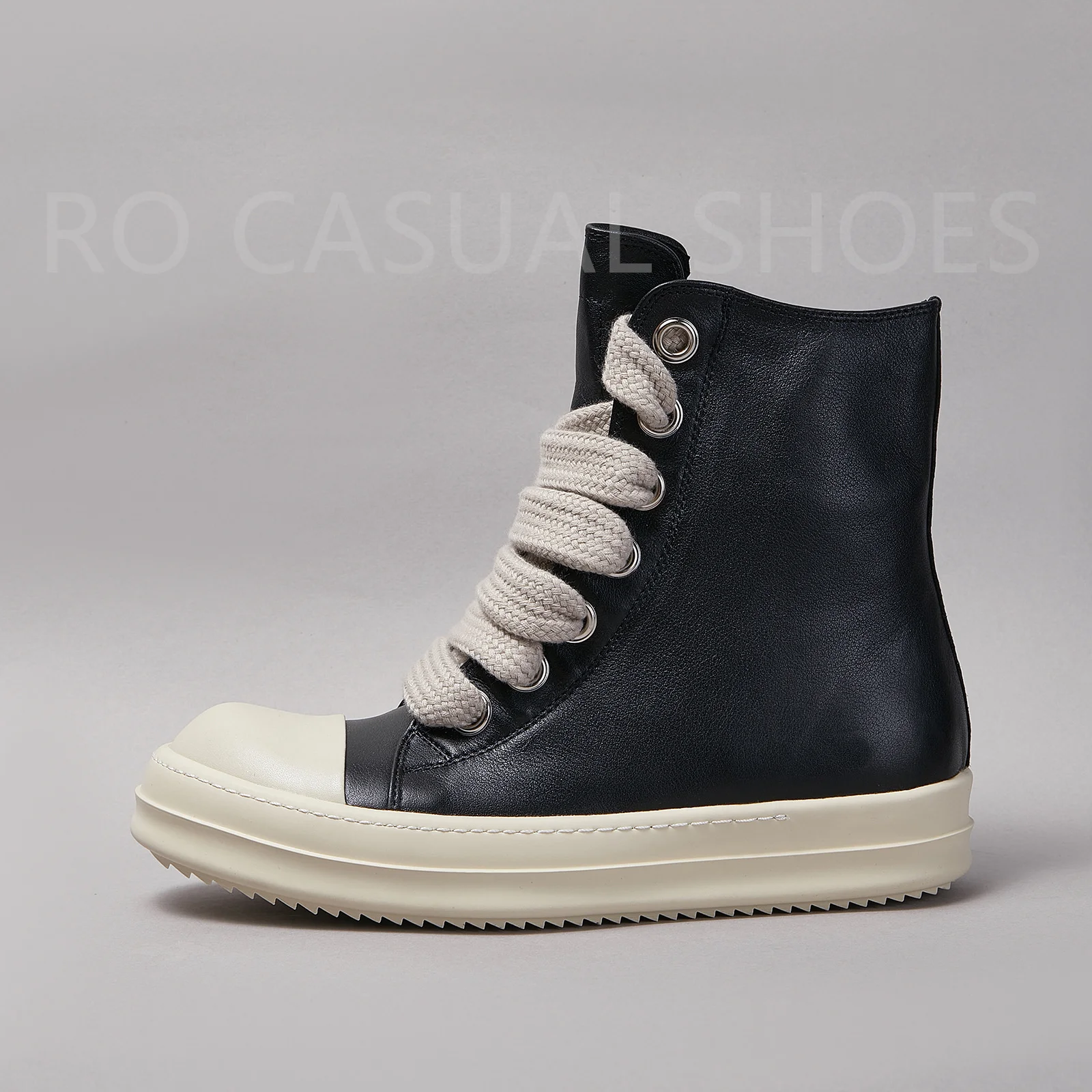 Ricks Genious Black Leather Jumbo Lace High Top Owens Quality Men Shoe Women Sneaker Casual Zipper Owens Design boots & Shoes