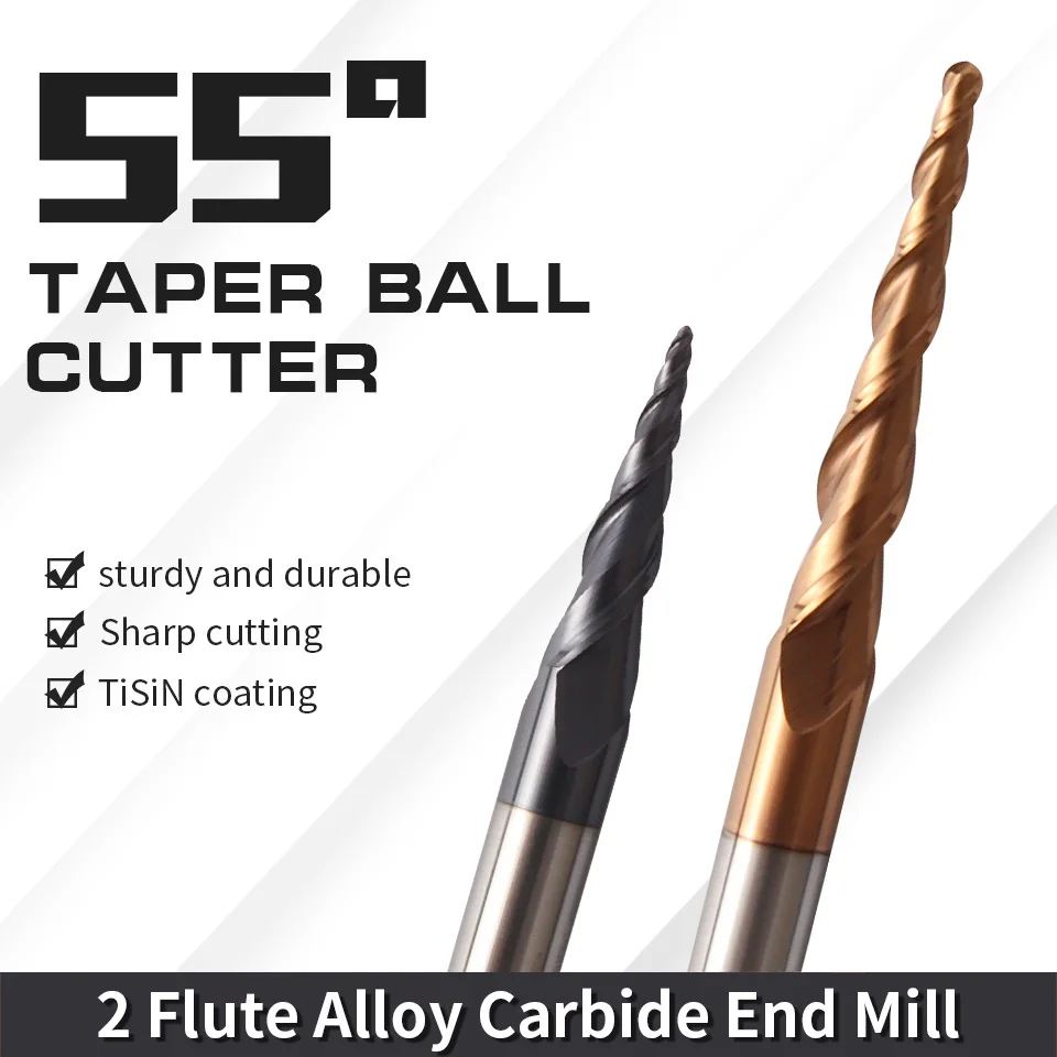 HRC55 R0.25-R2.0 Ball Nose Tapered End Mills Carbide Milling Cutter CNC Carving Bit Engraving Router Bit Wood Metal Endmills