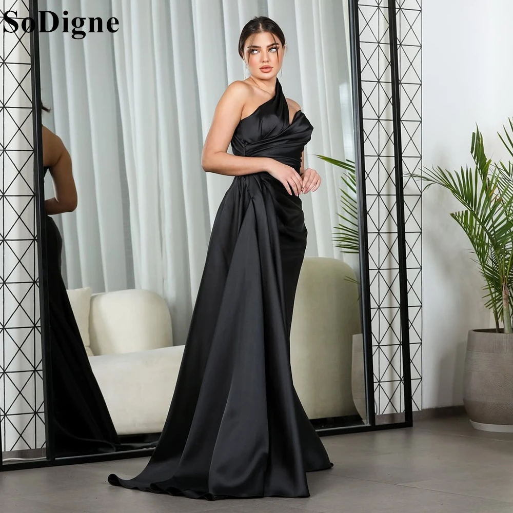 

SoDigne Elegant Black Satin Evening Dresses Mermaid One Shoulder Draped Party Dress Backless 2025 Prom Gown for Women Customized