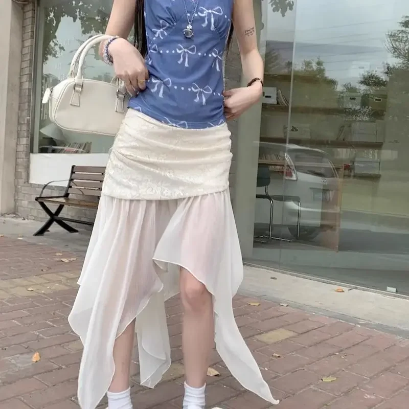 

2026 Spring High-Waisted Irregular Mesh Skirt Hot Girl Retro Solid Color College Style Asymmetric Dress