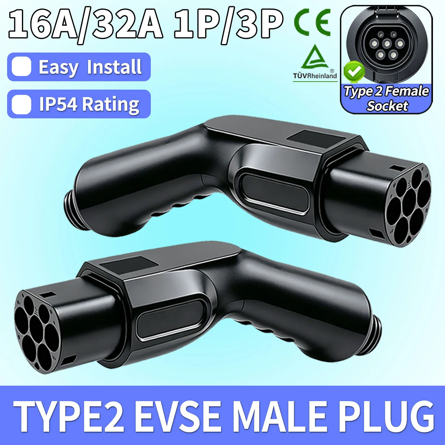 Type2 EVSE Male Plug Power Supply Side, IEC62196-2 EV Charger Connector 16A 32A 1/3 Phase 11KW 22KW for Electric Car