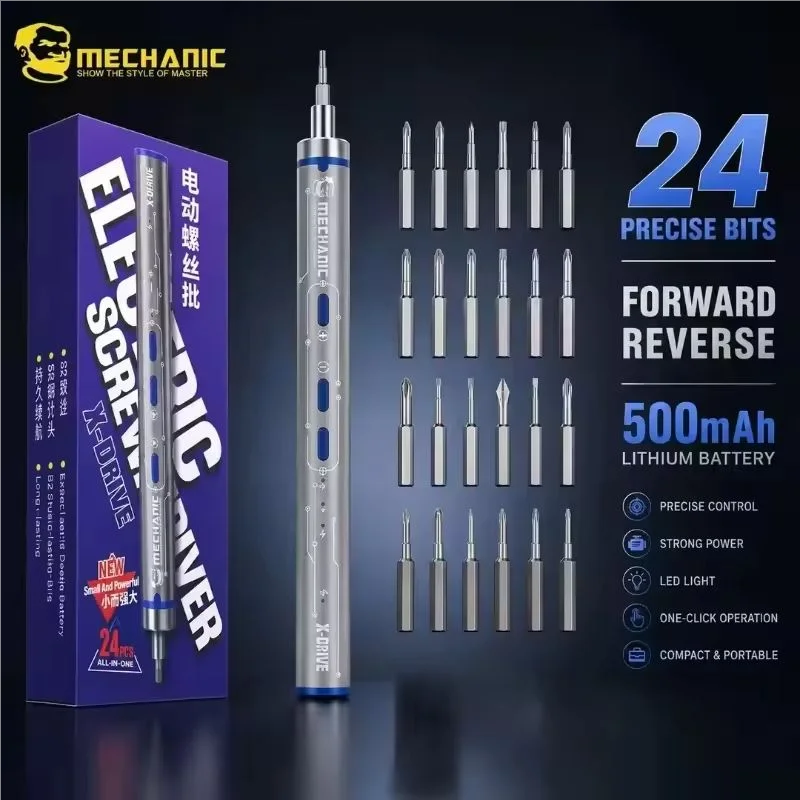 MECHANIC X-Drive 24pcs S2 Bits Precision Electric Screwdriver Set Handle Portable Power Tool Kits for Phone Watch Repair