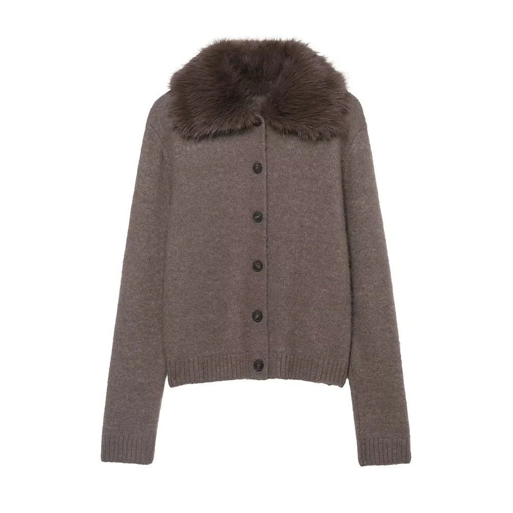 

Autumn and Winter New Women's Fashion Ribbed Decorative Long Sleeve Artificial Fur Effect Flip Collar Knitted Coat