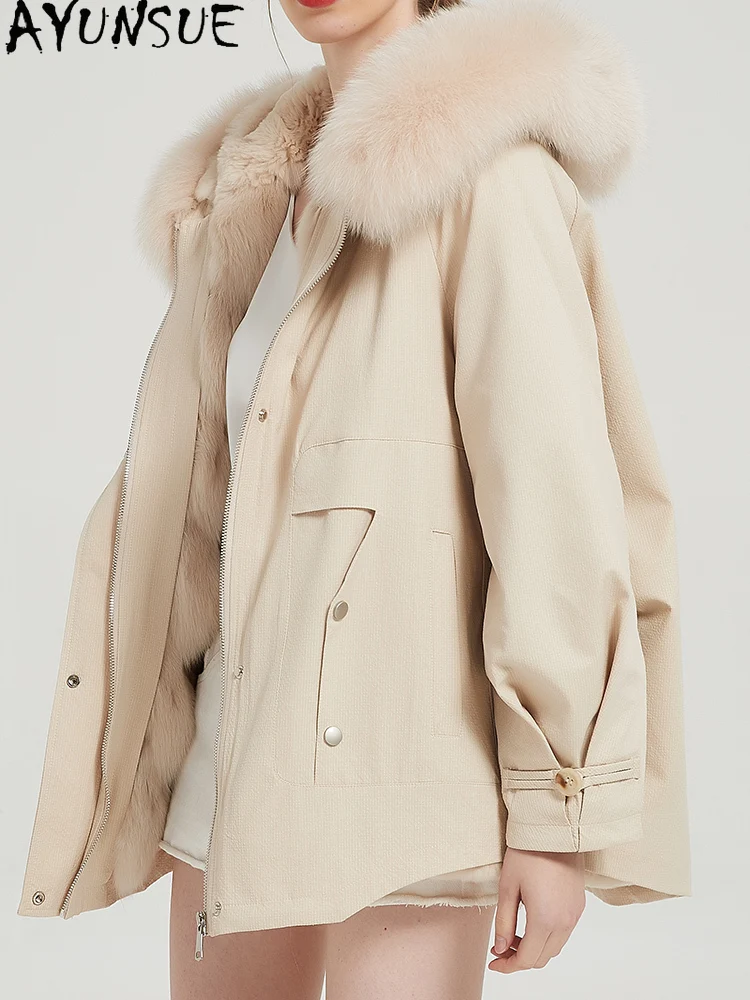 AYUNSUE Rex-Kaninchen-Pelzmantel für Damen, 2025, Echtpelz-Parka, Winterkleidung, warmer Fuchspelzkragen, Hoodies, Damenmäntel, Jegavera