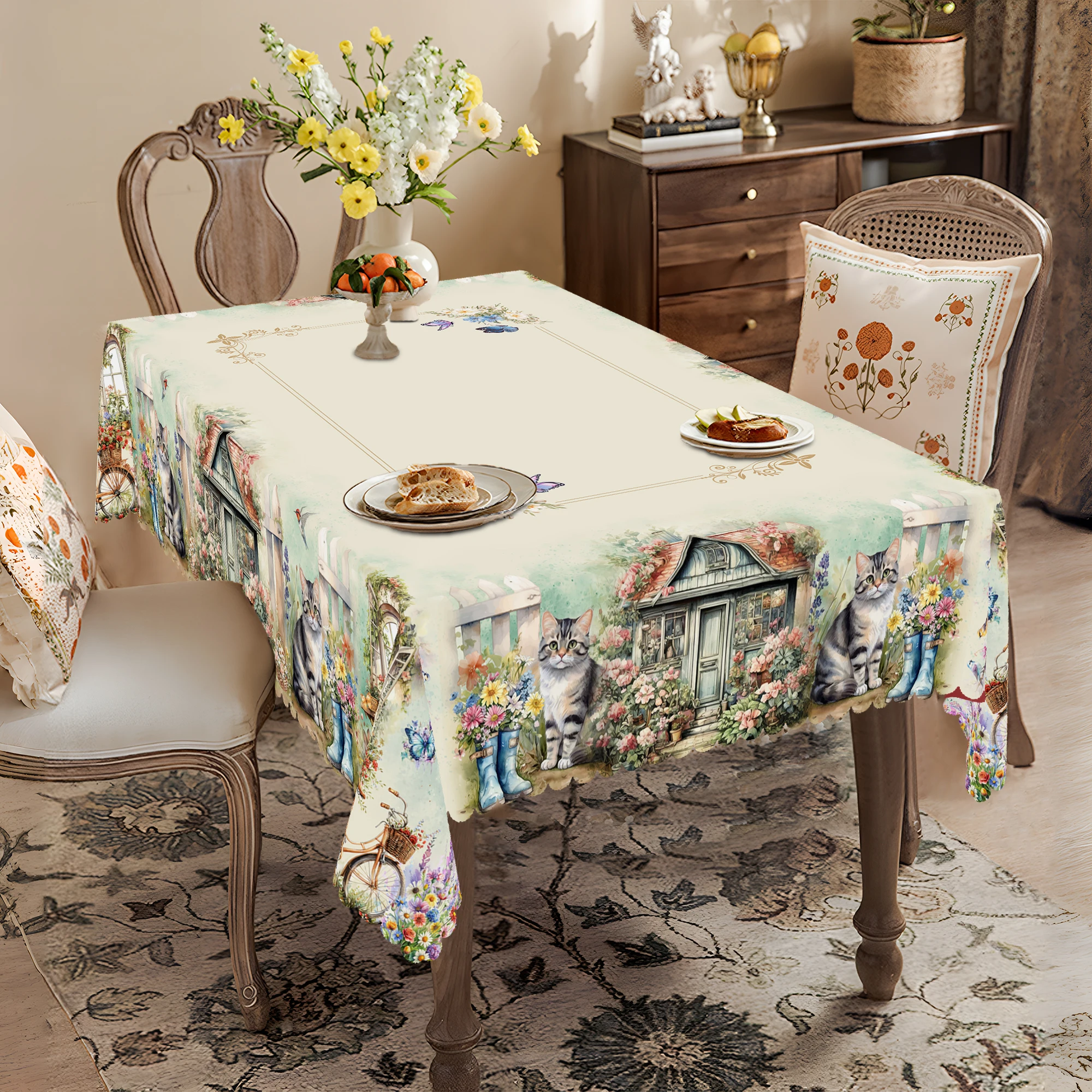 1 pezzo di tovaglie rotonde con stampa floreale in stile pastorale primaverile, 5 dimensioni, fiori, farfalle, conigli, tovaglie rettangolari con motivo stampa gatto, festival, tovaglie da cucina per la casa, uso interno ed esterno, decorazioni per la casa